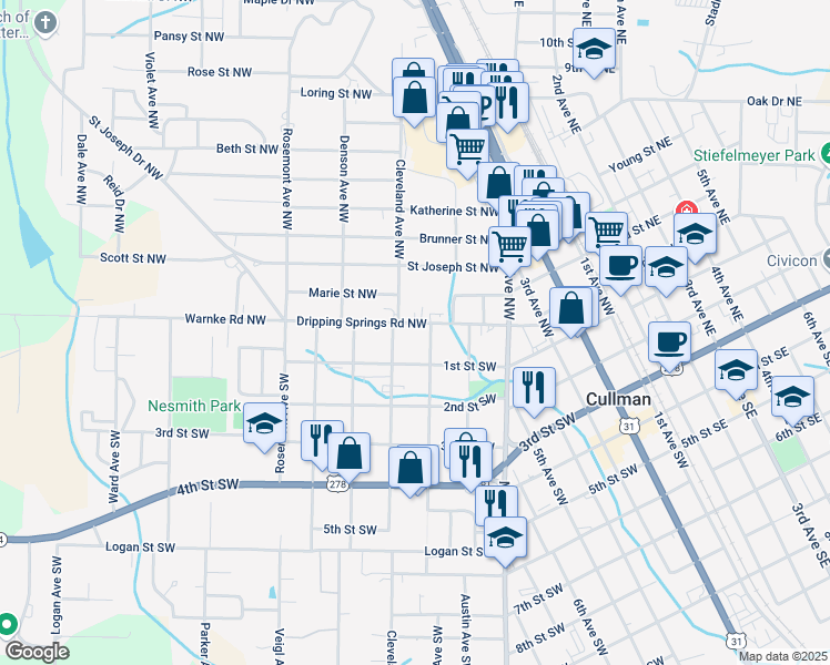 map of restaurants, bars, coffee shops, grocery stores, and more near 1206 Dripping Springs Road Northwest in Cullman