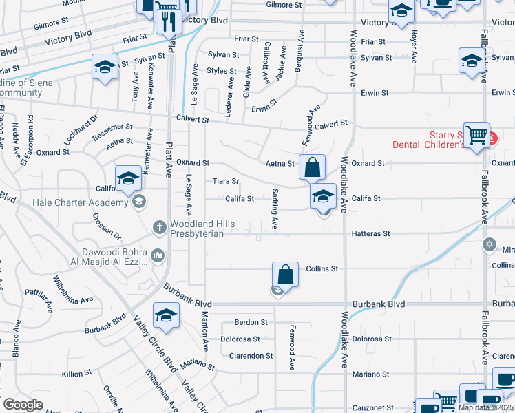 map of restaurants, bars, coffee shops, grocery stores, and more near 23428 Califa Street in Los Angeles