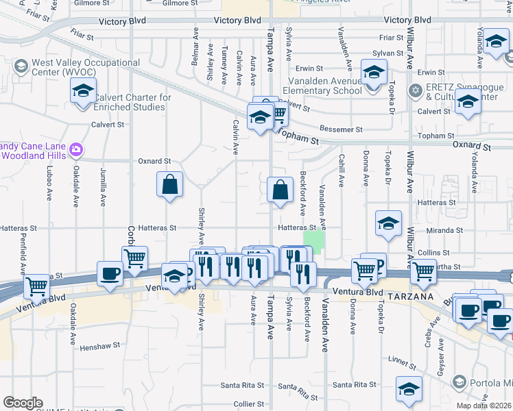 map of restaurants, bars, coffee shops, grocery stores, and more near 19314 West Yolie Lane in Los Angeles