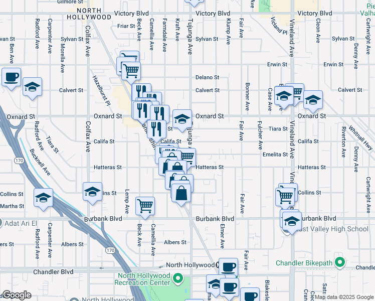 map of restaurants, bars, coffee shops, grocery stores, and more near 5841 Tujunga Avenue in Los Angeles