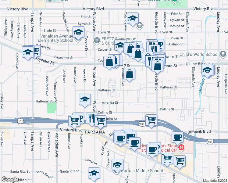 map of restaurants, bars, coffee shops, grocery stores, and more near 18730 Hatteras Street in Los Angeles