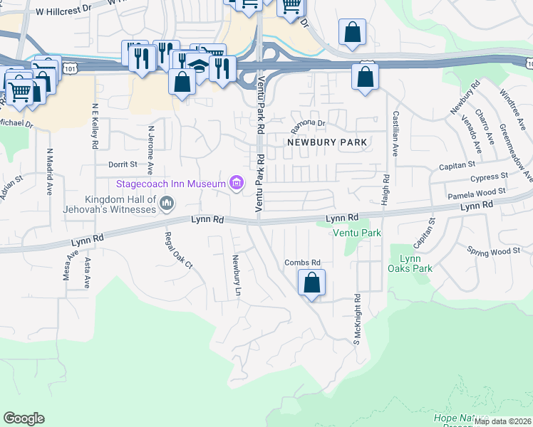 map of restaurants, bars, coffee shops, grocery stores, and more near 106 Madonna Lane in Thousand Oaks