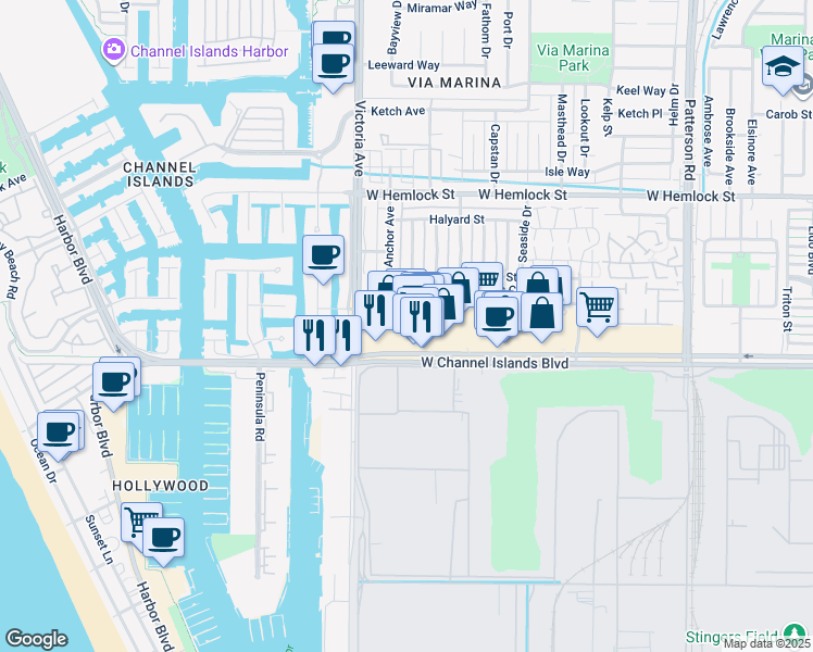 map of restaurants, bars, coffee shops, grocery stores, and more near 2491 Seashore Court in Port Hueneme