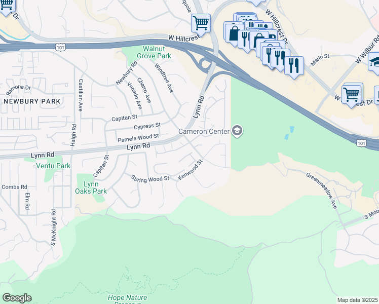 map of restaurants, bars, coffee shops, grocery stores, and more near 607 Valley Oak Lane in Thousand Oaks