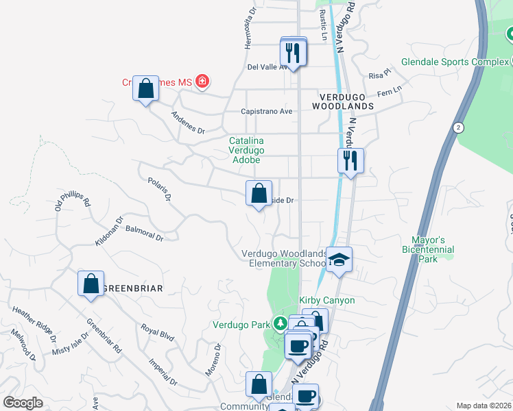 map of restaurants, bars, coffee shops, grocery stores, and more near 1600 Hillside Drive in Glendale