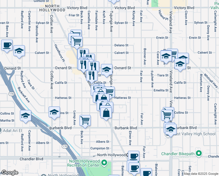 map of restaurants, bars, coffee shops, grocery stores, and more near 5841 Tujunga Avenue in Los Angeles