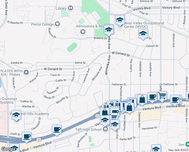 map of restaurants, bars, coffee shops, grocery stores, and more near 5835 McDonie Avenue in Los Angeles