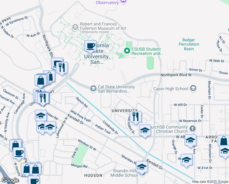map of restaurants, bars, coffee shops, grocery stores, and more near in San Bernardino