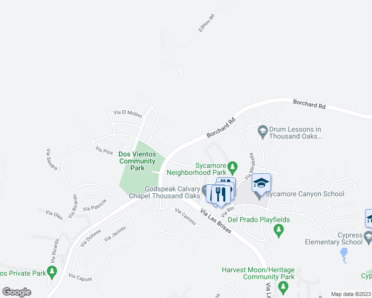 map of restaurants, bars, coffee shops, grocery stores, and more near 116 Via Escondido in Thousand Oaks