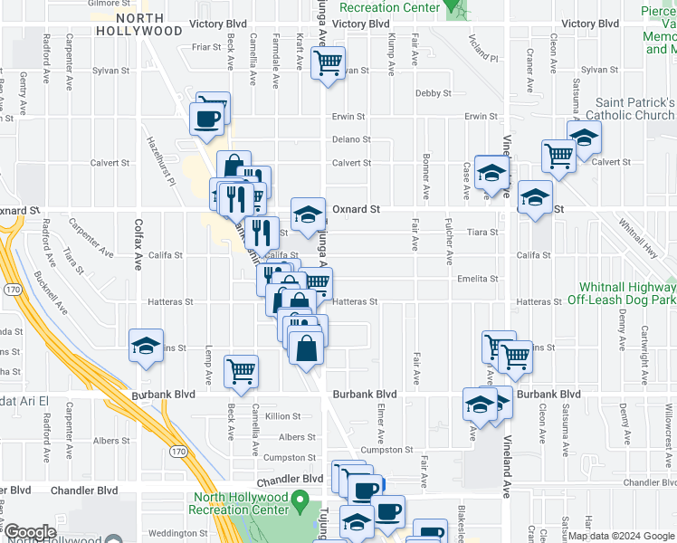 map of restaurants, bars, coffee shops, grocery stores, and more near 11347 Emelita Street in Los Angeles