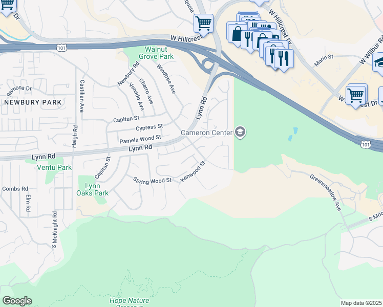 map of restaurants, bars, coffee shops, grocery stores, and more near 607 Valley Oak Lane in Thousand Oaks