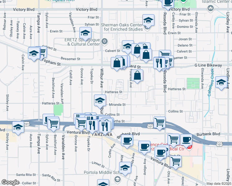 map of restaurants, bars, coffee shops, grocery stores, and more near 18806 Hatteras Street in Los Angeles