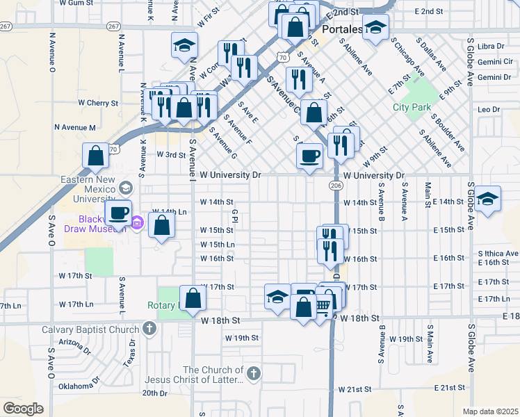 map of restaurants, bars, coffee shops, grocery stores, and more near 722 West 14th Street in Portales