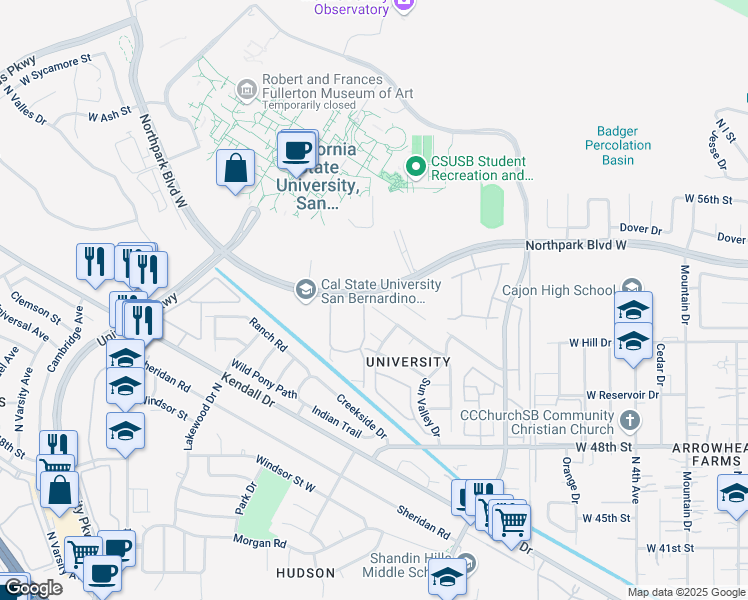 map of restaurants, bars, coffee shops, grocery stores, and more near in San Bernardino