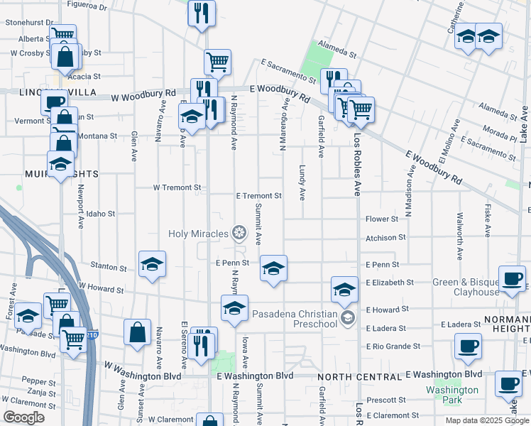 map of restaurants, bars, coffee shops, grocery stores, and more near 1840 Summit Avenue in Pasadena