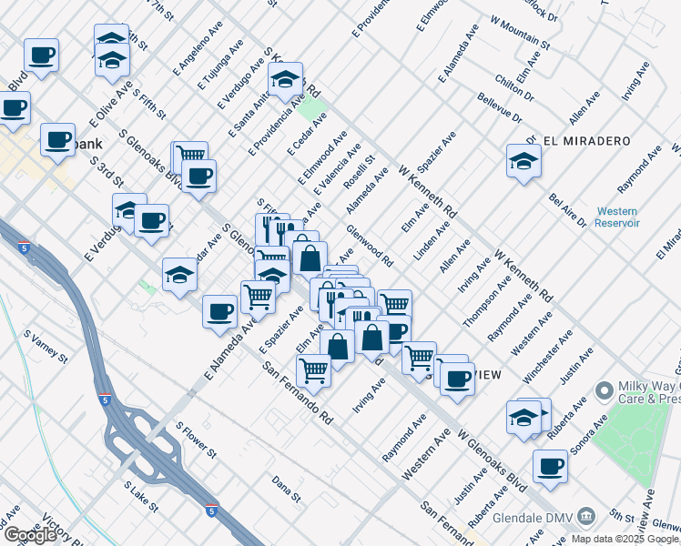 map of restaurants, bars, coffee shops, grocery stores, and more near 1147 Elm Avenue in Glendale
