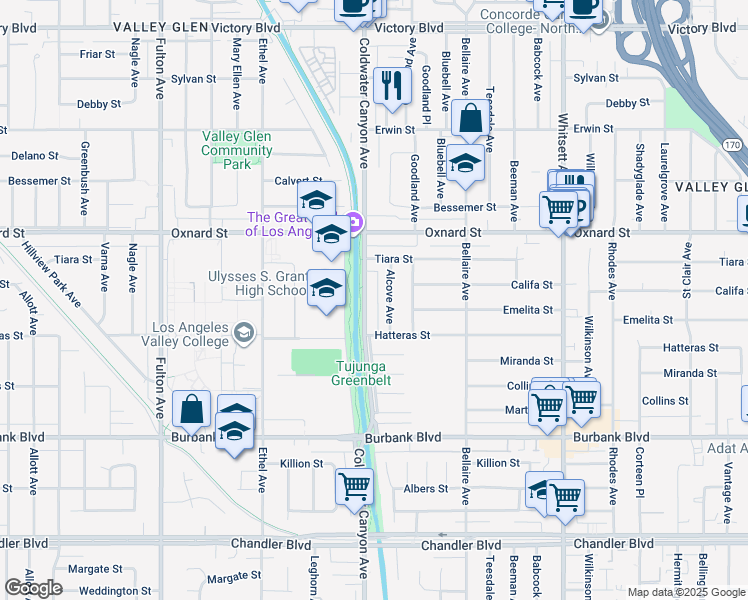 map of restaurants, bars, coffee shops, grocery stores, and more near 5859 Alcove Avenue in Los Angeles