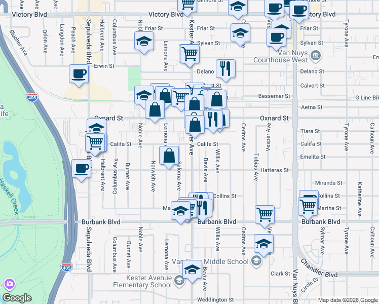 map of restaurants, bars, coffee shops, grocery stores, and more near 5915 Kester Avenue in Los Angeles
