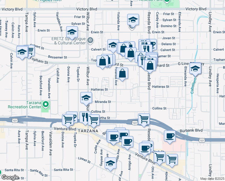 map of restaurants, bars, coffee shops, grocery stores, and more near 29 Hatteras Street in Los Angeles
