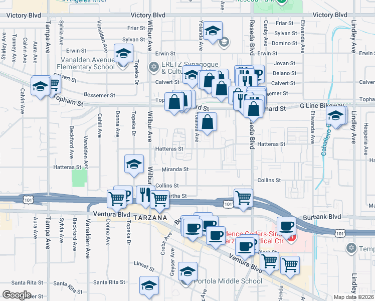 map of restaurants, bars, coffee shops, grocery stores, and more near 29 Hatteras Street in Los Angeles