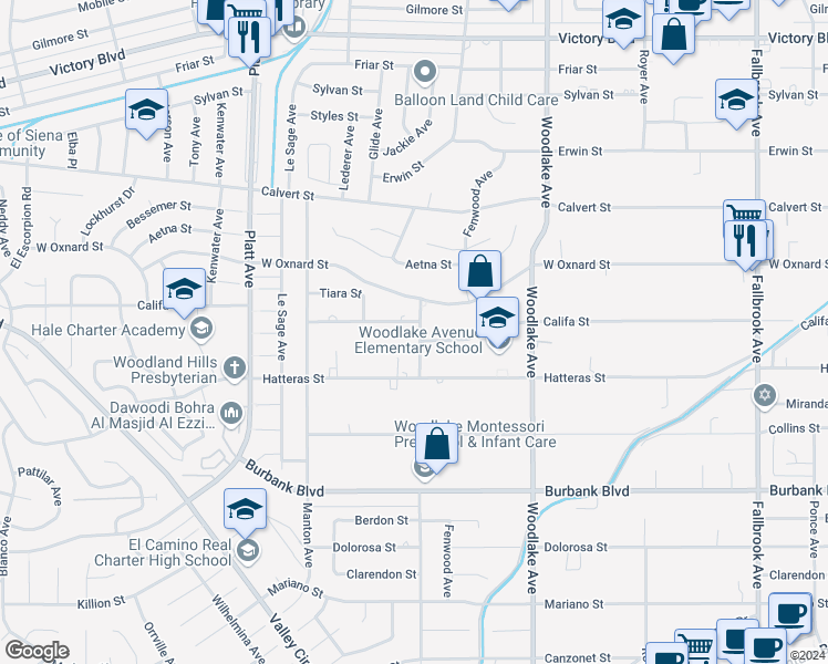 map of restaurants, bars, coffee shops, grocery stores, and more near 23405 Califa Street in Los Angeles