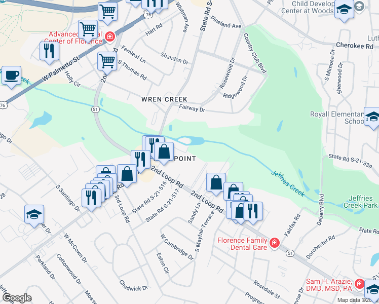 map of restaurants, bars, coffee shops, grocery stores, and more near 700 13-H South Cashua Drive in Florence