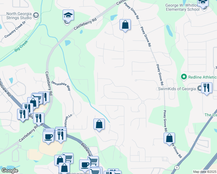 map of restaurants, bars, coffee shops, grocery stores, and more near 6170 Weddington Drive in Cumming