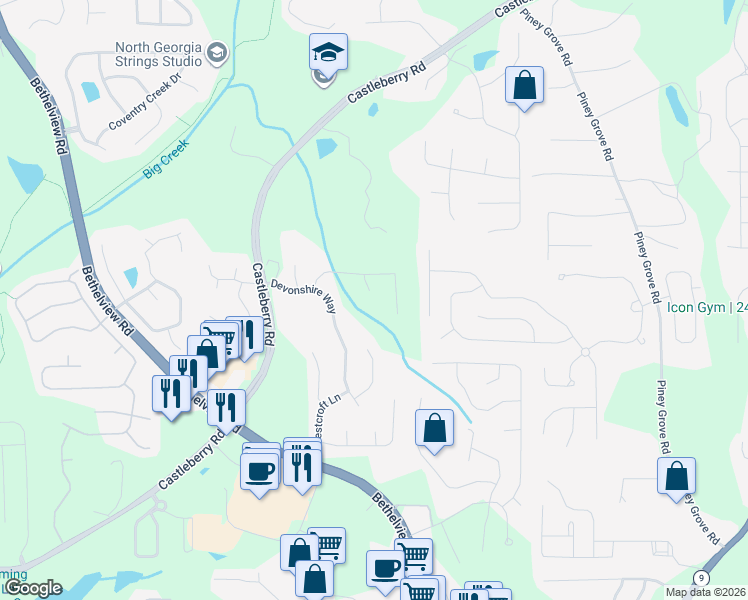 map of restaurants, bars, coffee shops, grocery stores, and more near 5445 Brunswick Drive in Cumming
