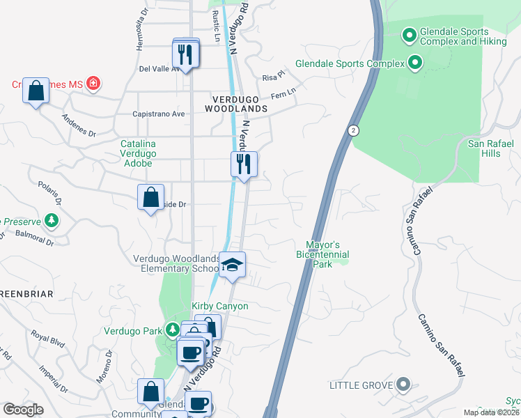 map of restaurants, bars, coffee shops, grocery stores, and more near in Glendale