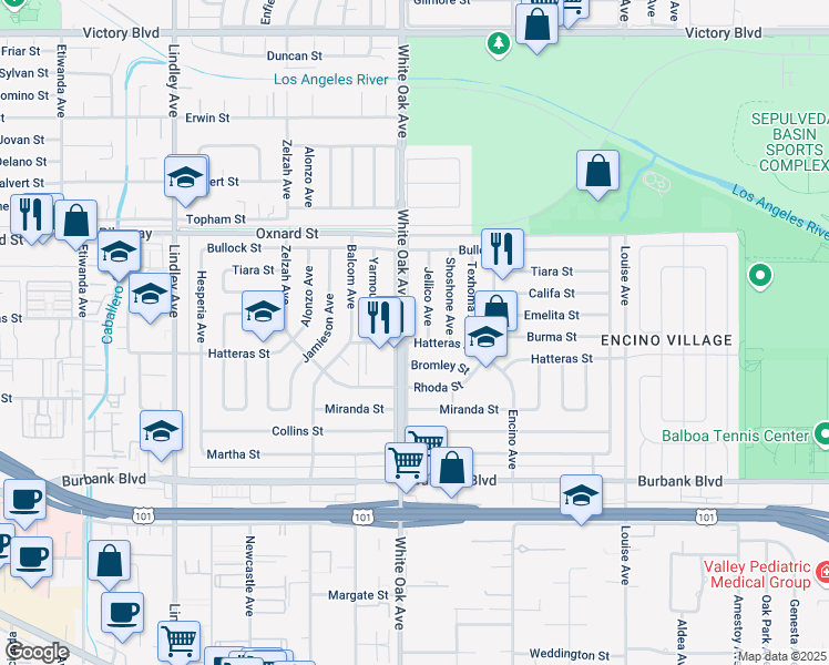 map of restaurants, bars, coffee shops, grocery stores, and more near 5840 White Oak Avenue in Los Angeles