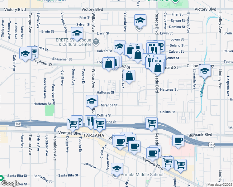 map of restaurants, bars, coffee shops, grocery stores, and more near 29 Hatteras Street in Los Angeles