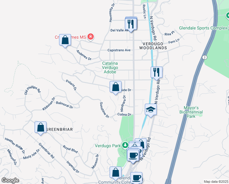 map of restaurants, bars, coffee shops, grocery stores, and more near 1600 Hillside Drive in Glendale