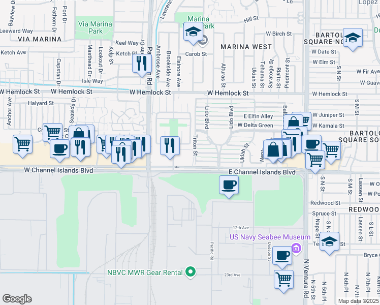 map of restaurants, bars, coffee shops, grocery stores, and more near 2556 Bolker Drive in Port Hueneme