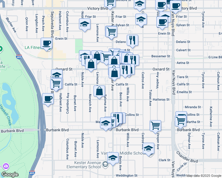 map of restaurants, bars, coffee shops, grocery stores, and more near 5841 Kester Avenue in Los Angeles