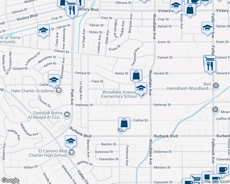 map of restaurants, bars, coffee shops, grocery stores, and more near 23416 Califa Street in Los Angeles