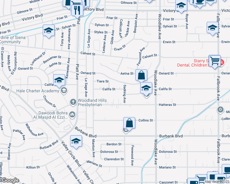map of restaurants, bars, coffee shops, grocery stores, and more near 23445 Califa Street in Los Angeles