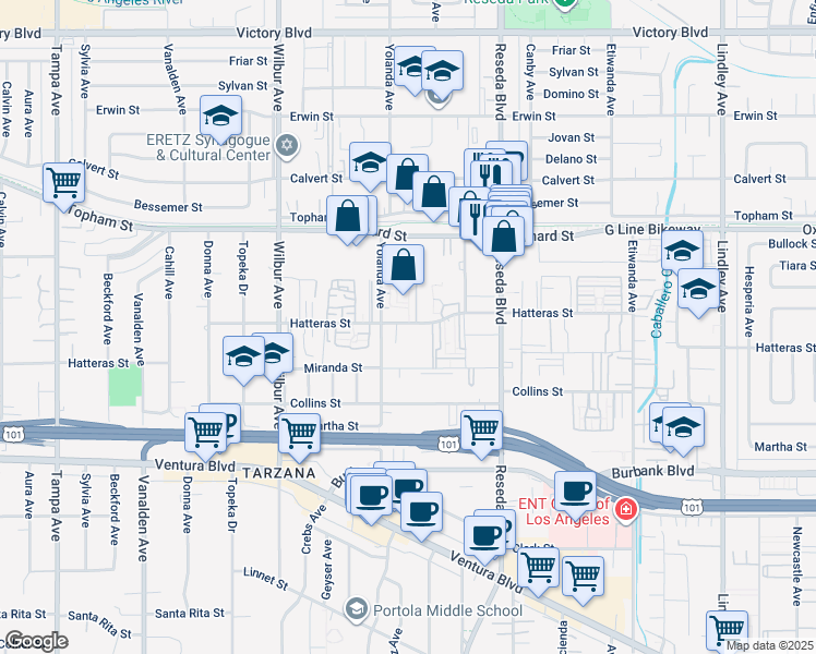 map of restaurants, bars, coffee shops, grocery stores, and more near 18601 Hatteras Street in Los Angeles