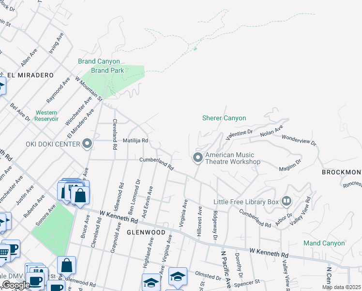 map of restaurants, bars, coffee shops, grocery stores, and more near 652 Robin Glen Drive in Glendale