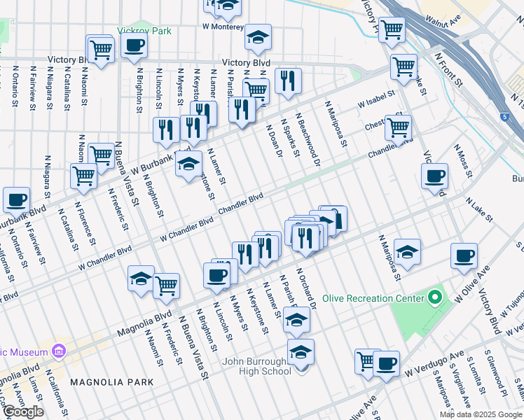 map of restaurants, bars, coffee shops, grocery stores, and more near 738 North Orchard Drive in Burbank