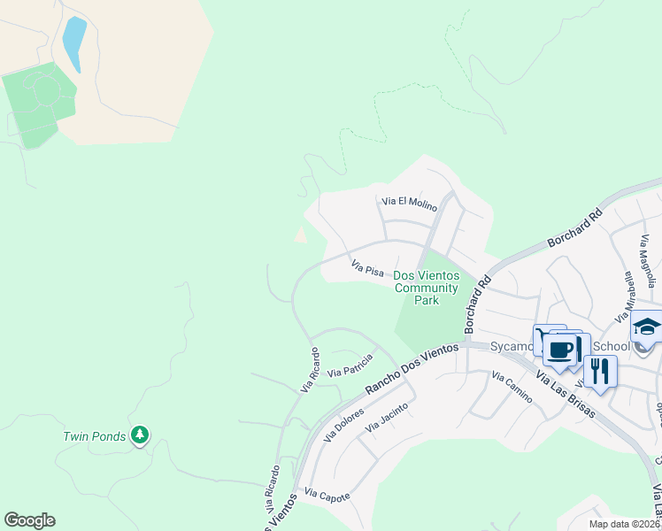 map of restaurants, bars, coffee shops, grocery stores, and more near 106 Via Ricardo in Thousand Oaks