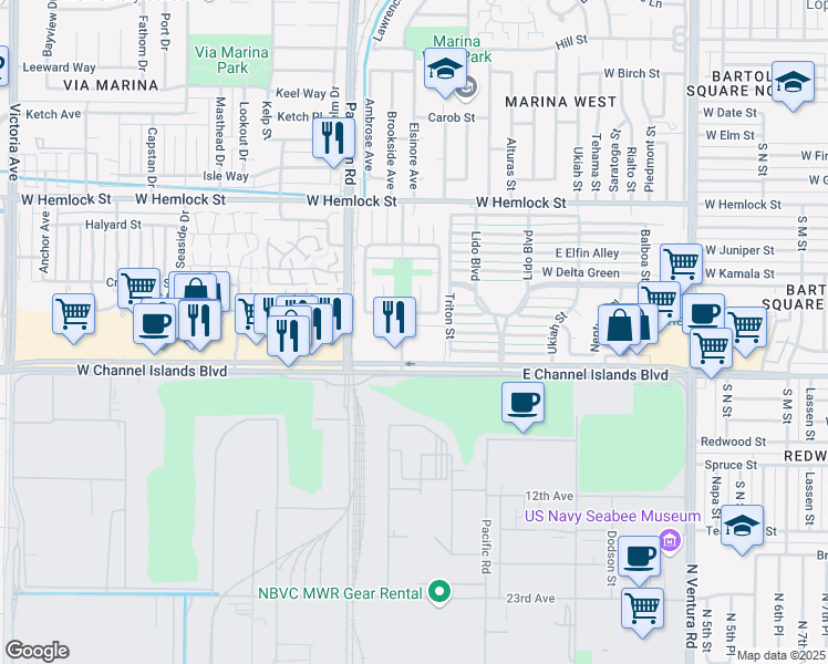 map of restaurants, bars, coffee shops, grocery stores, and more near 2514 Bolker Drive in Port Hueneme