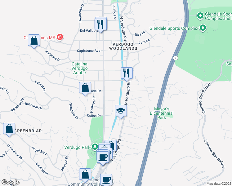 map of restaurants, bars, coffee shops, grocery stores, and more near 1734 Hillside Drive in Glendale
