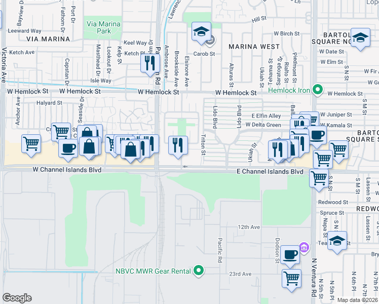 map of restaurants, bars, coffee shops, grocery stores, and more near 2626 Bolker Drive in Port Hueneme