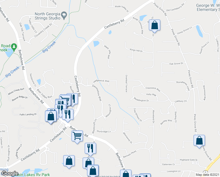 map of restaurants, bars, coffee shops, grocery stores, and more near 5445 Brunswick Drive in Cumming