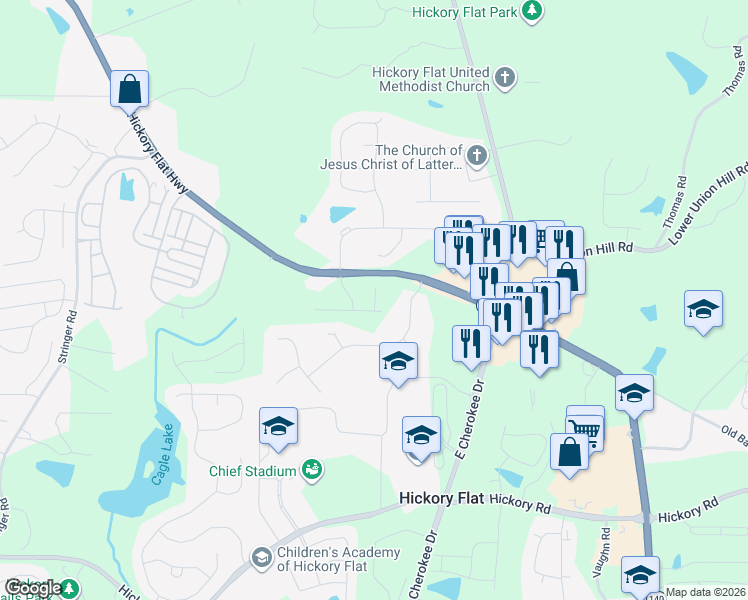 map of restaurants, bars, coffee shops, grocery stores, and more near 5842 Hickory Flat Highway in Canton