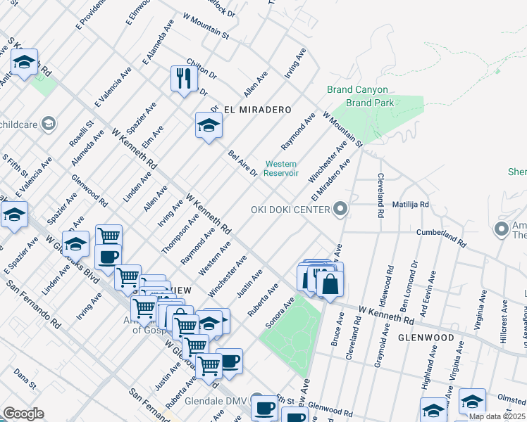 map of restaurants, bars, coffee shops, grocery stores, and more near 1350 Western Avenue in Glendale