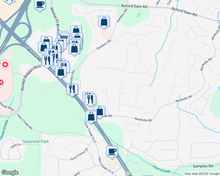 map of restaurants, bars, coffee shops, grocery stores, and more near 2861 Middle Creek Way in Cumming