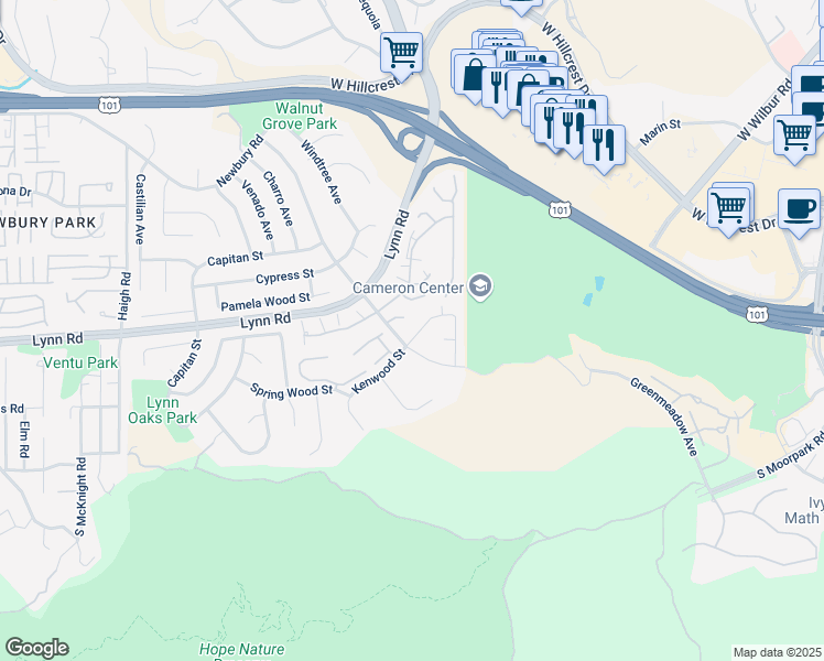 map of restaurants, bars, coffee shops, grocery stores, and more near 587 Kenwood Street in Thousand Oaks