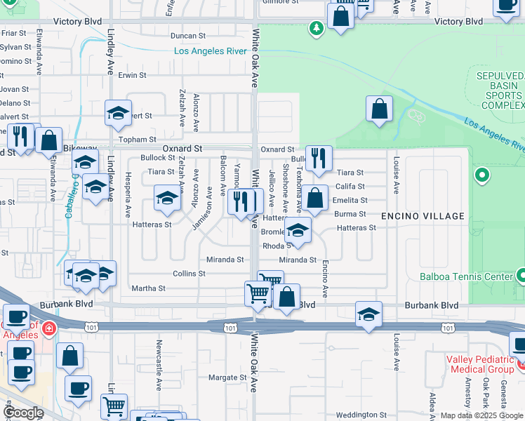 map of restaurants, bars, coffee shops, grocery stores, and more near 5840 White Oak Avenue in Los Angeles