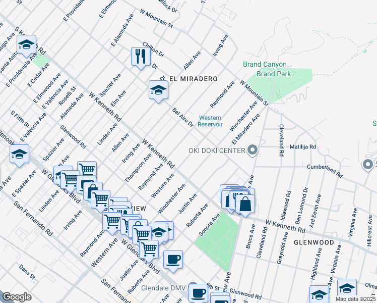 map of restaurants, bars, coffee shops, grocery stores, and more near 1341 Western Avenue in Glendale